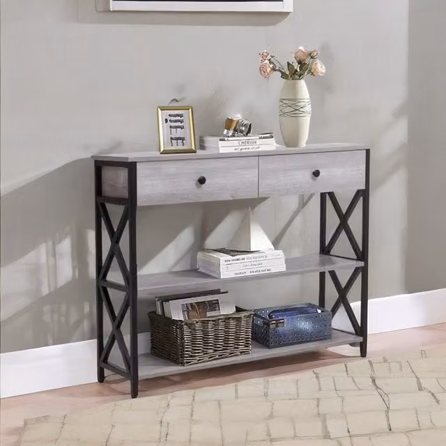 FURNOS 3 Tier Industrial Console Table with 2 Drawers and Storage Shelves in Grey – 1