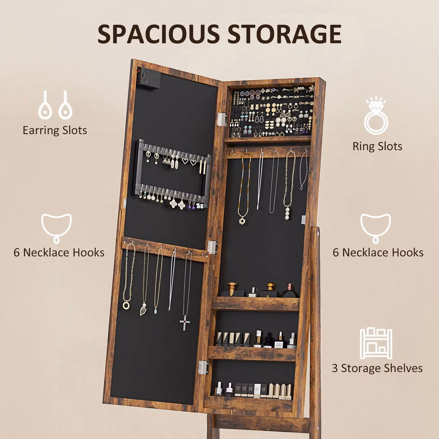 HOMCOM Free Standing LED Mirrored Jewelry Cabinet in Brown with Internal Shelves and Integrated Lighting – 4