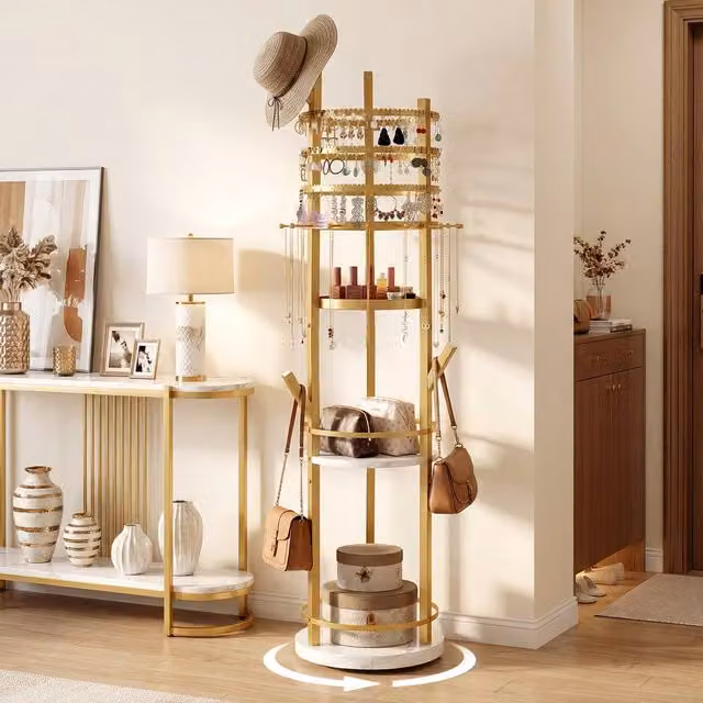 Costway Rotating Gold Metal Jewelry Stand and Display Tower with Earring and Necklace Holder – 1