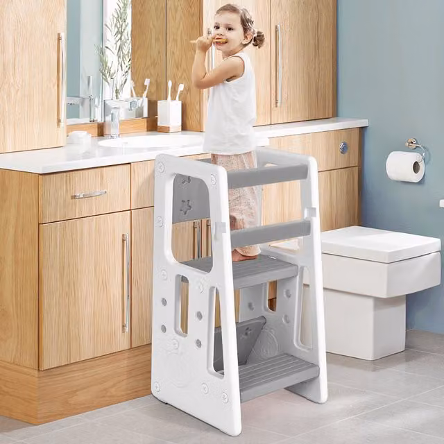 COSTWAY Kids Kitchen Step Stool Learning Stool for Toddlers, Grey