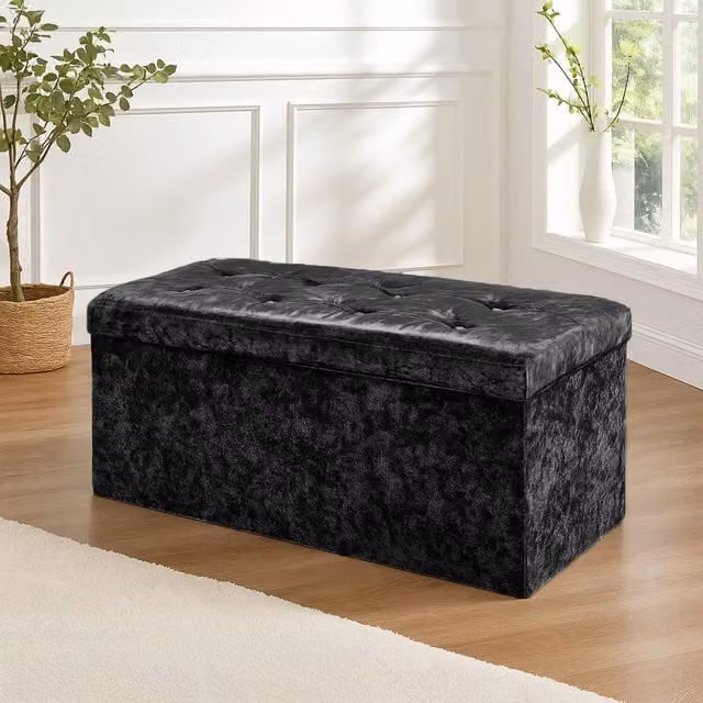 Home Republic Black Crushed Velvet Foldable Storage Boxes with Lid W/D/H: 38 x 38 x 38 cm