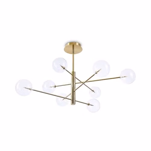 Ideal Lux EQUINOXE 8 Light Multi Arm Semi Flush Ceiling Lamp in Brass with Transparent Glass Spheres