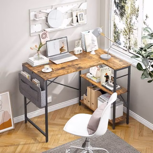 Huhote L-Shaped Corner Computer Desk in Brown with 2 Shelves and Storage Bag, W/D/H: 100 x 70 x 75 cm