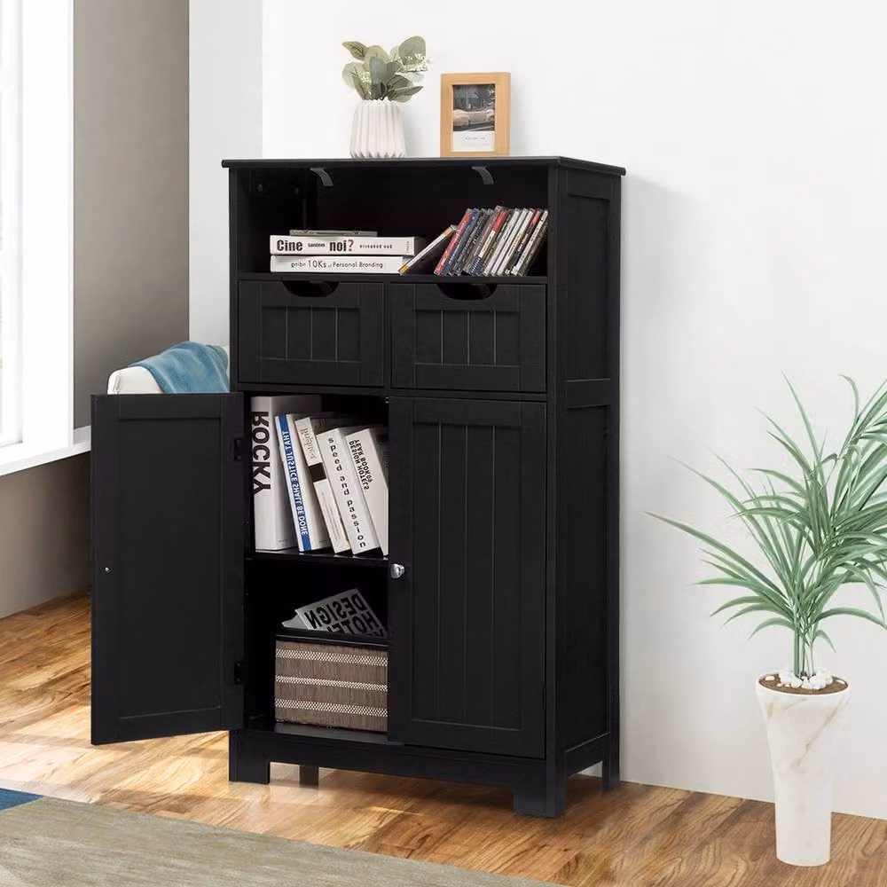VOGREX Black Modern Freestanding Bathroom Cabinet with 2 Hinged Doors, 2 Internal Drawers and Open Shelf – 3
