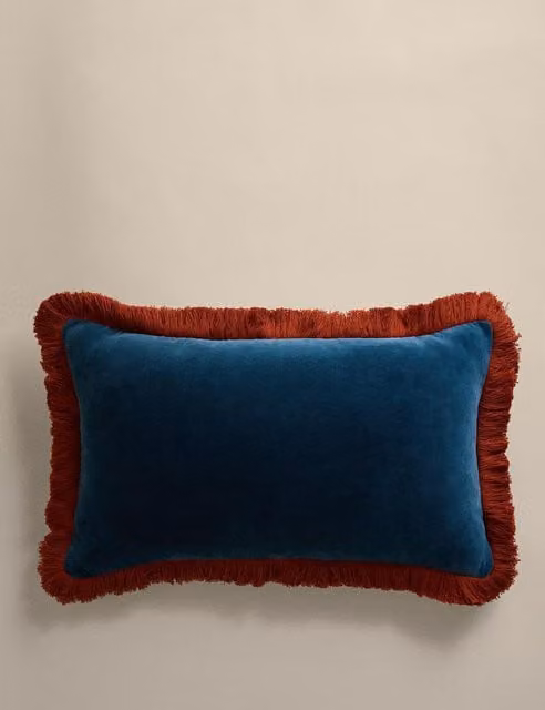 M&S Petrol Cotton Velvet Bolster Cushion with Fringe