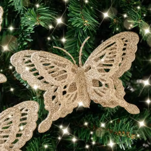 Melody Maison Set of 4 Champagne Gold Glitter Butterfly Christmas Decoration Clips – 2
