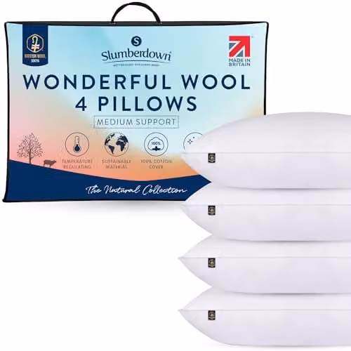 Slumberdown 4 Pack Medium Support New Wool Pillows in White, W: 74 cm, H: 48 cm