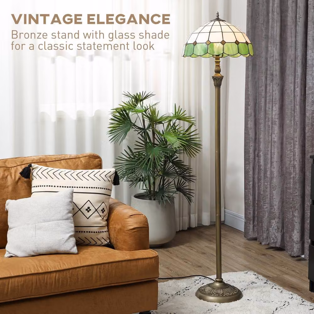 HOMCOM Tiffany-Style Vintage Floor Lamp with Glass Shade in Bronze and Green, H 152.0 cm x W 33.5 cm – 4