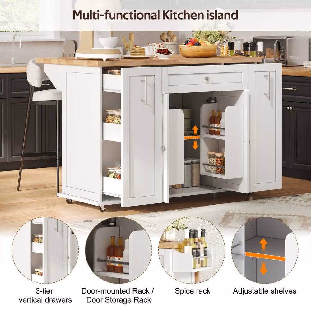 Merax Mobile Kitchen Island Trolley with Foldable Drop-Leaf Countertop in White, W: 120 cm, D: 70 cm, H: 3 cm – 2