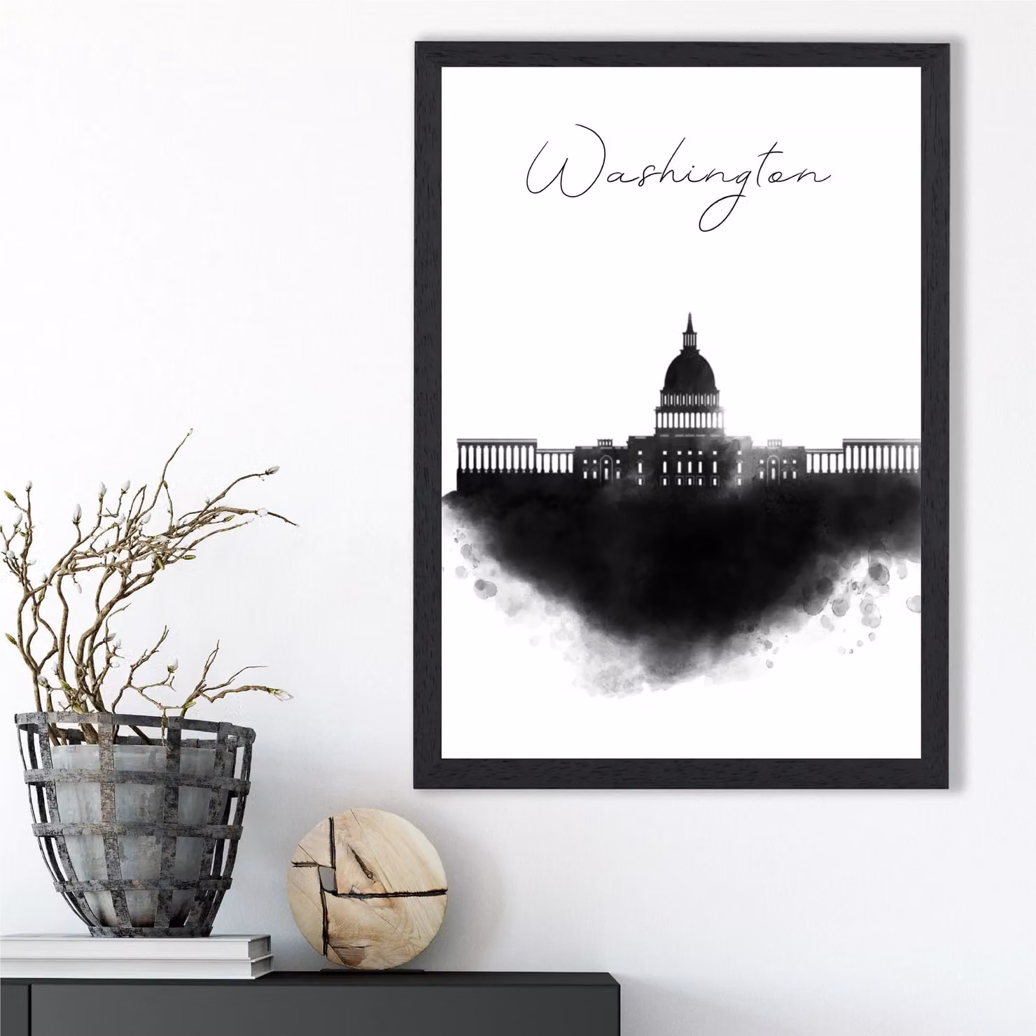 ARTZE Washington Watercolour Skyline City Framed Print in Black and White, A2 – 2