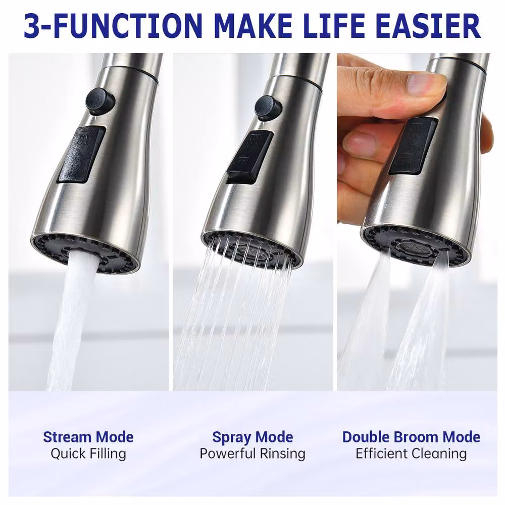 YUHUBY Silver Brushed Steel Kitchen Tap with Single Lever, Pull-Out Spray and 360 Degree Swivel Spout – 3