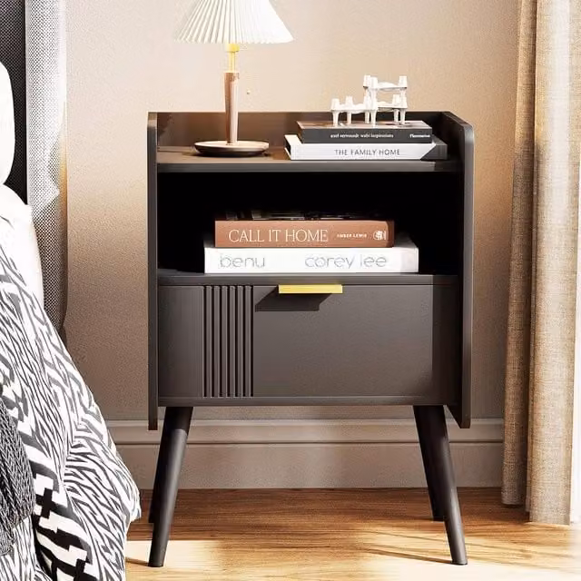 Huhote Stylish Black 2 Tier Bedside Table with Drawers