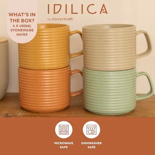 KitchenCraft Idilica Stacking Stoneware Mugs, Set of Four, Multicolour, 400ml – 2
