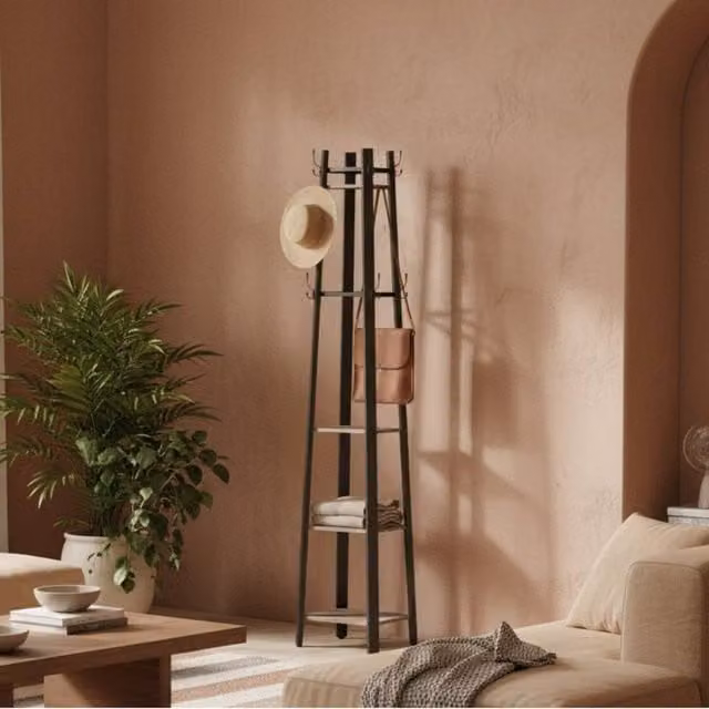 Wyld Haus Savapa Industrial 4 Tier Coat Stand with Shelves and Hooks in Grey and Black – 1