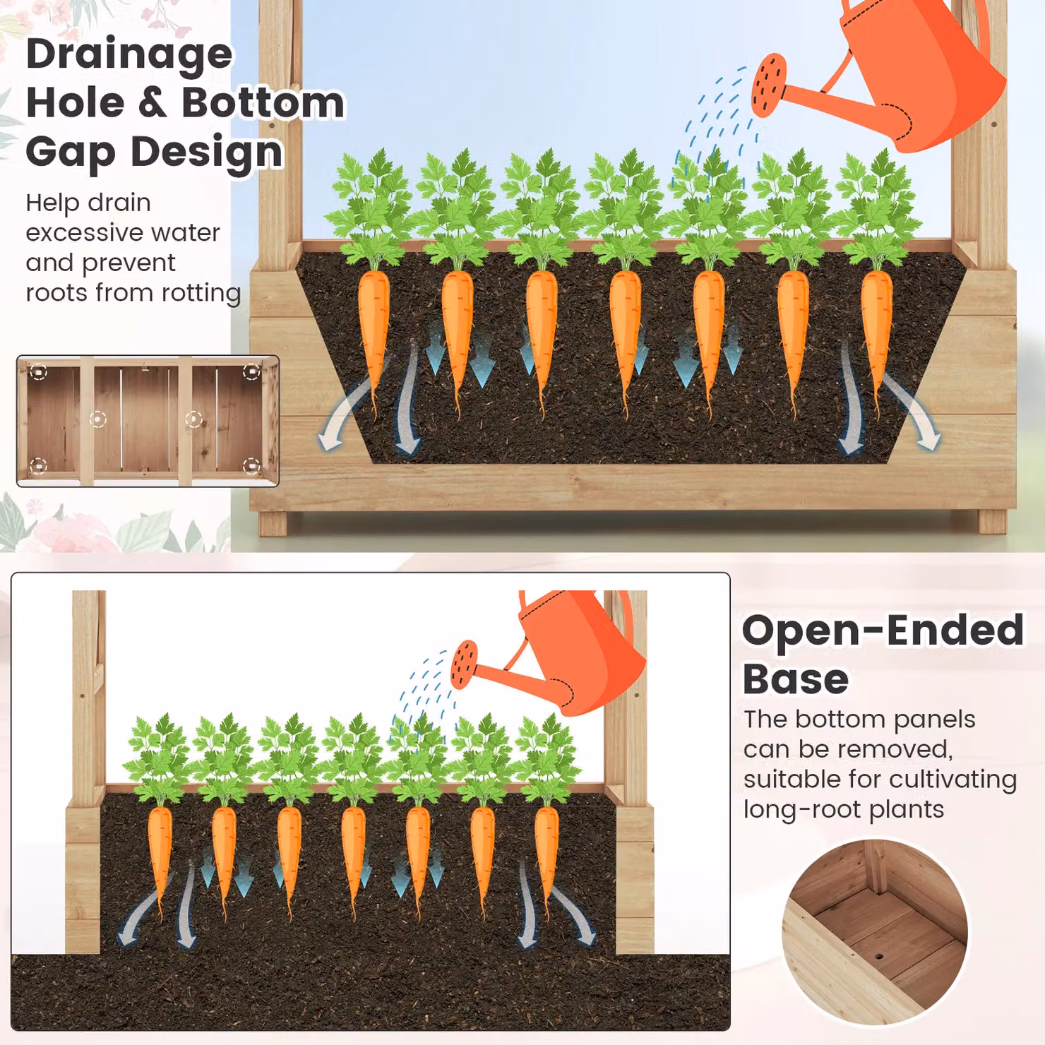 Gymax Raised Garden Bed Fir Wood Planter Box with Hanging Roof in Light Khaki, W/D/H: 180 x 110 x 39 cm – 6