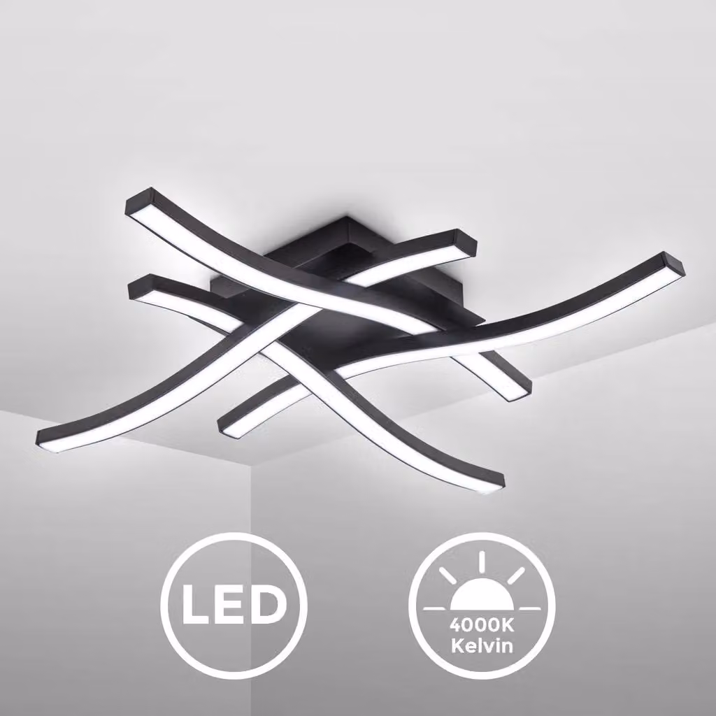B.K.Licht Modern Black Organic Curved LED Ceiling Light, 20W, 2200Lm, 4000K Neutral White, IP20 – 2