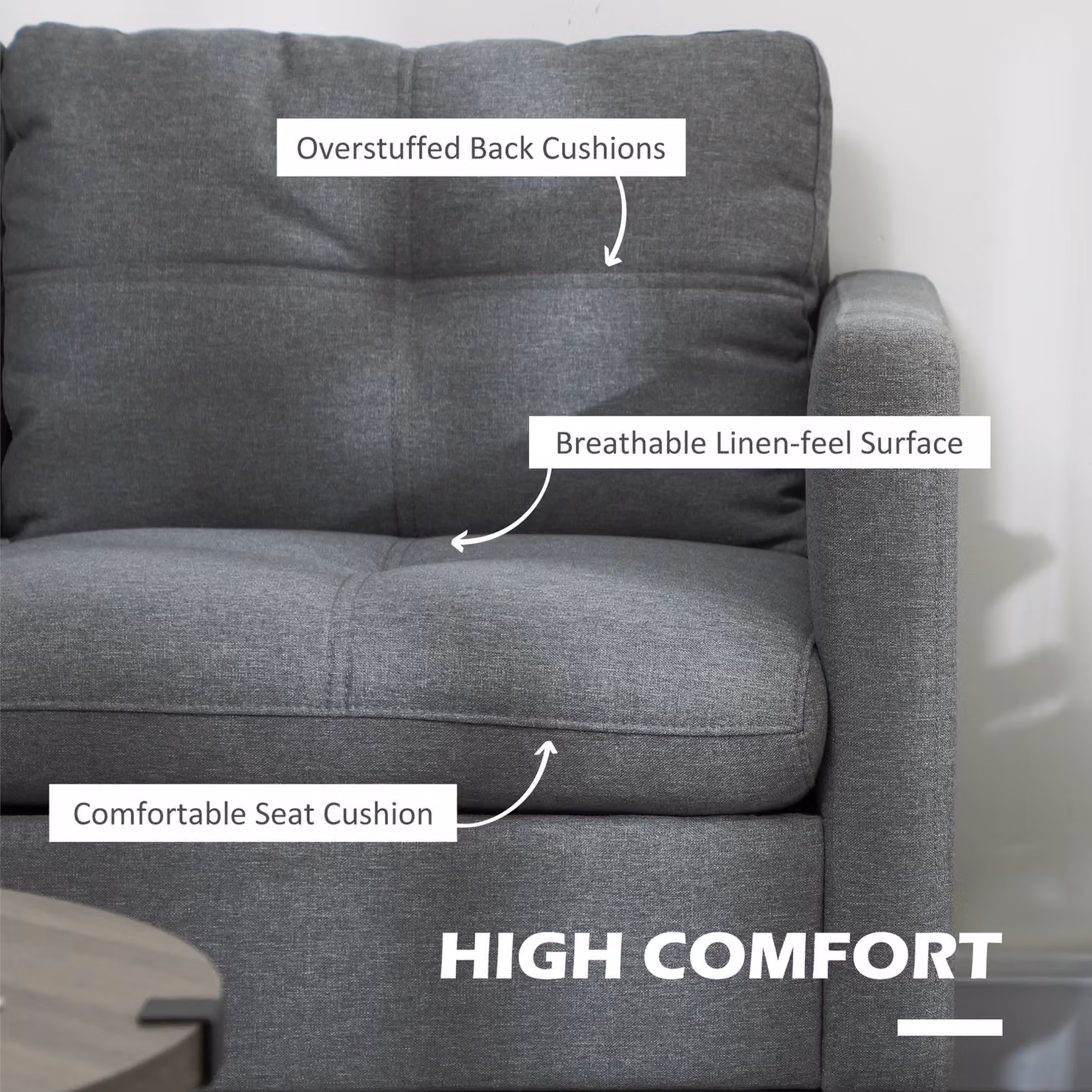 HOMCOM 2 Seater Linen Fabric Loveseat Sofa in Dark Grey with High-Density Sponge Cushions and Steel Legs – 4