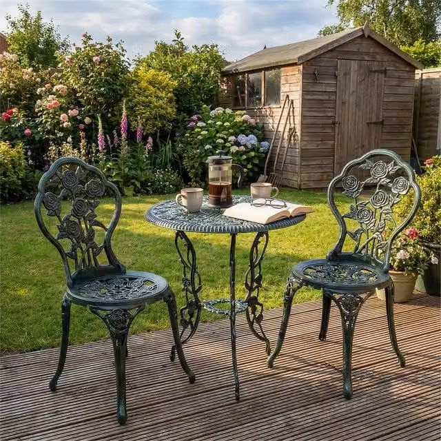 FORGEVIO Antique Green Floral Metal Bistro Set for Garden and Terrace
