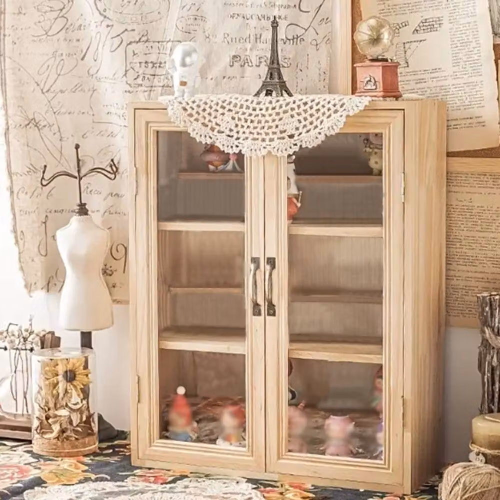 EONLION Brown Wooden Display Cabinet with Glass Doors and Internal Shelves – 2