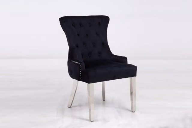 Modernique Pair of Black Velvet Solid Back Dining Chairs with Chrome Knocker and Metal Legs – 1
