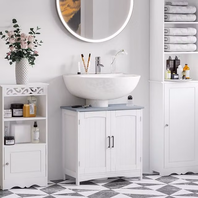 kleankin Freestanding Pedestal Under Sink Cabinet with Hinged Doors in White – 1