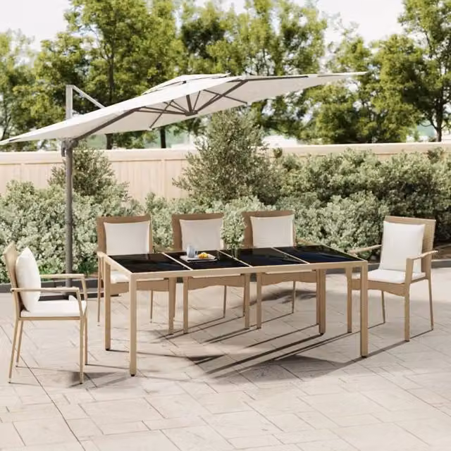Berkfield Home Garden Table with Beige Poly Rattan and Tempered Glass Top