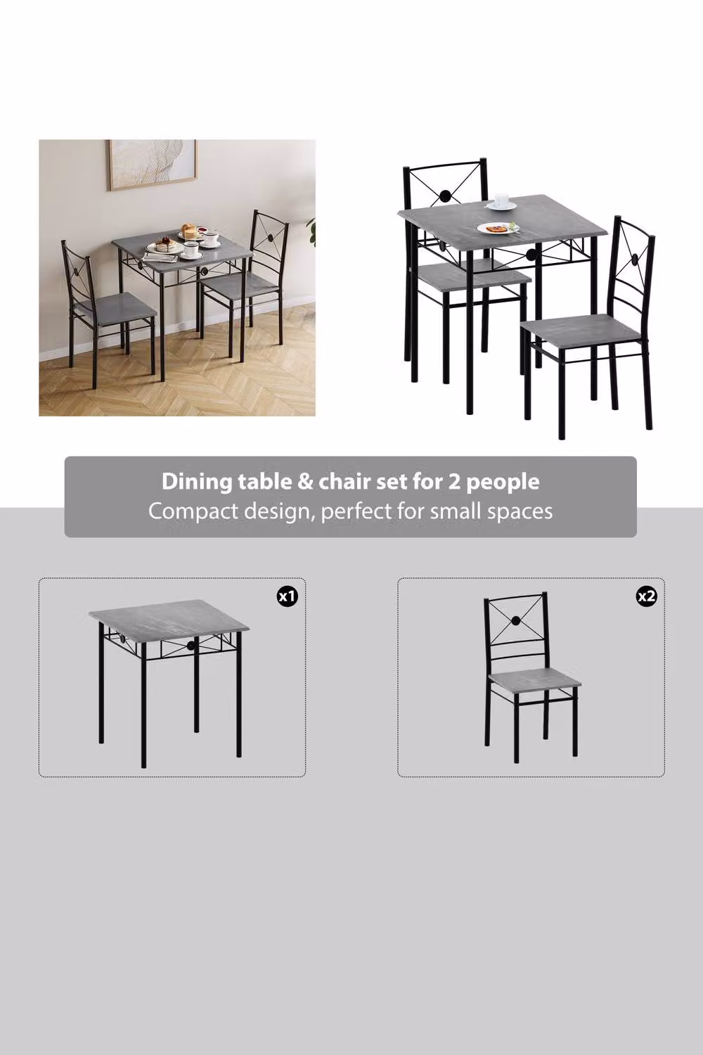 Home Discount Vida Designs Roslyn Modern 2 Seater Dining Table and 2 Chairs Set in Grey – 3