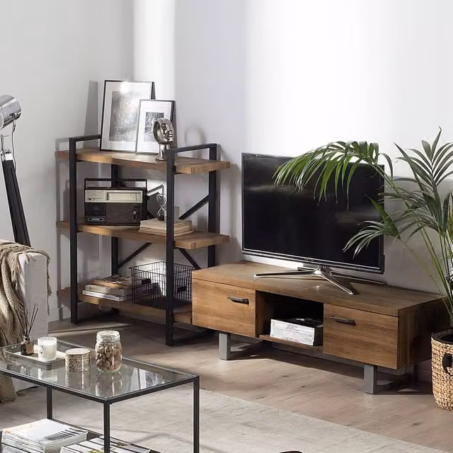 Wyld and Coco Industrial TV Unit in Dark Brown with Grey Metal Base