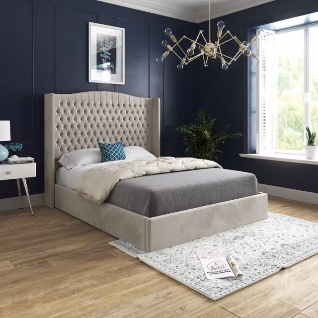 Snuggler Chesterfield Upholstered Velvet Bed Frame in Beige, W/D/H: 120 x 200 cm