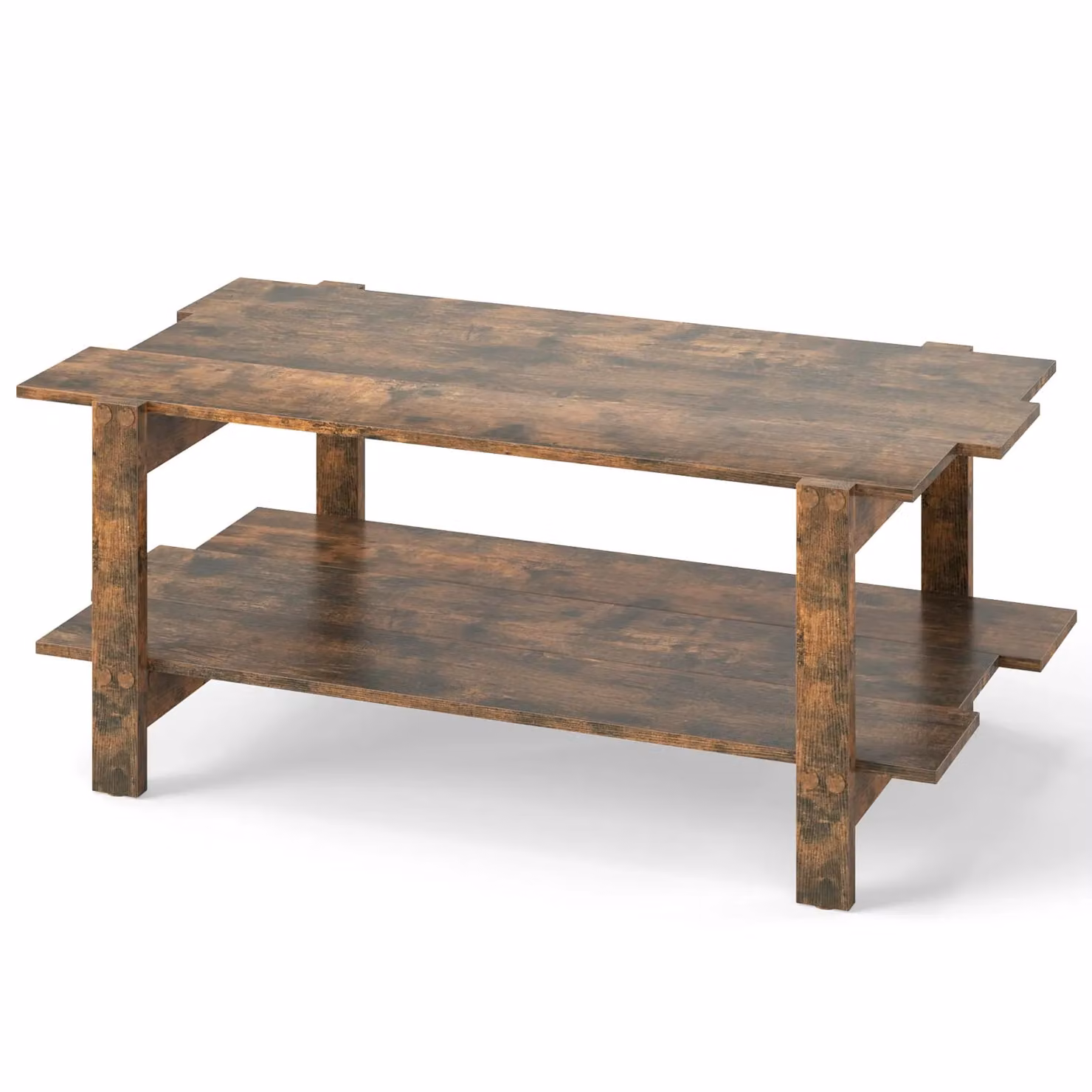 Gymax 2-Tier Slatted Wood Coffee Table with Storage Shelf in Brown Walnut – 2