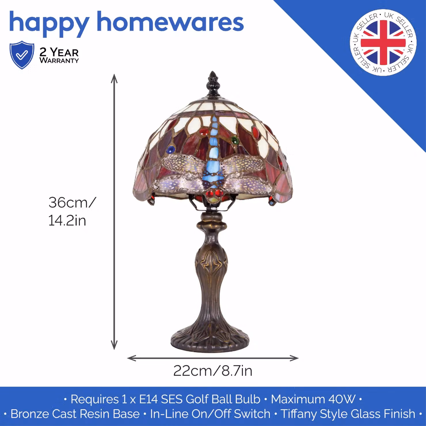 Happy Homewares Hand Crafted Stained Glass Dragonfly Tiffany Table Lamp in Red and Multicolour with Bronze Base – 4