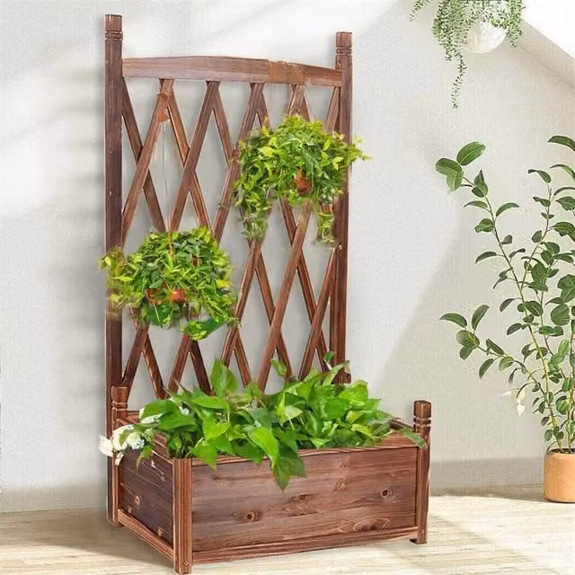 KORVIXA Large Wooden Raised Garden Planter Box in Brown, W/D/H: 64 x 36.5 x 115 cm