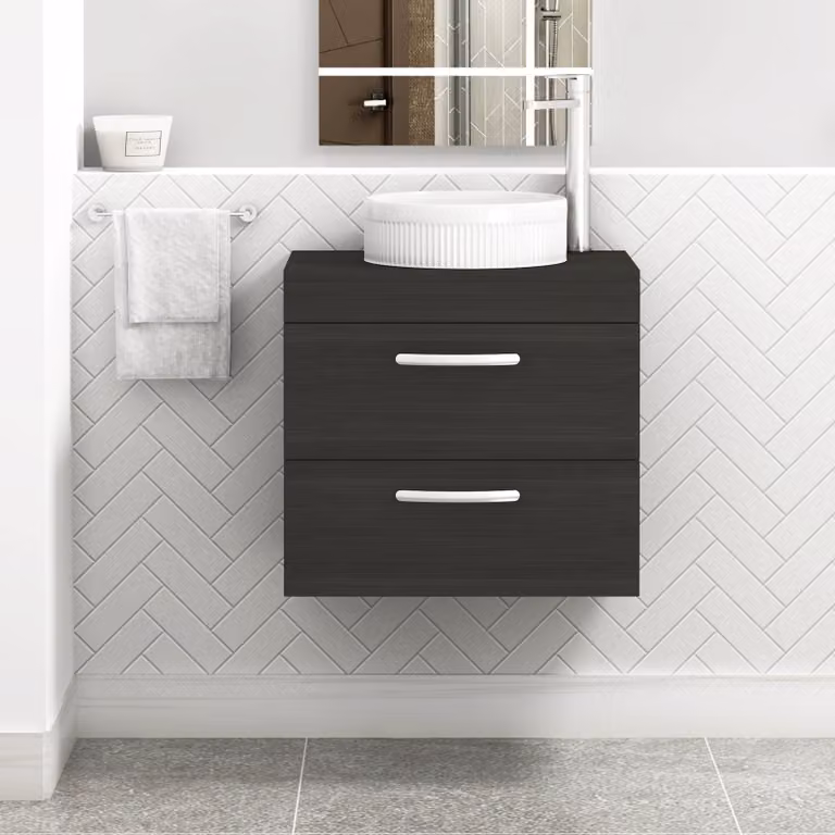 Royal Bathrooms Turin 600mm Wall Hung Vanity Unit with 2 Drawers and Round Countertop Basin in Charcoal Oak