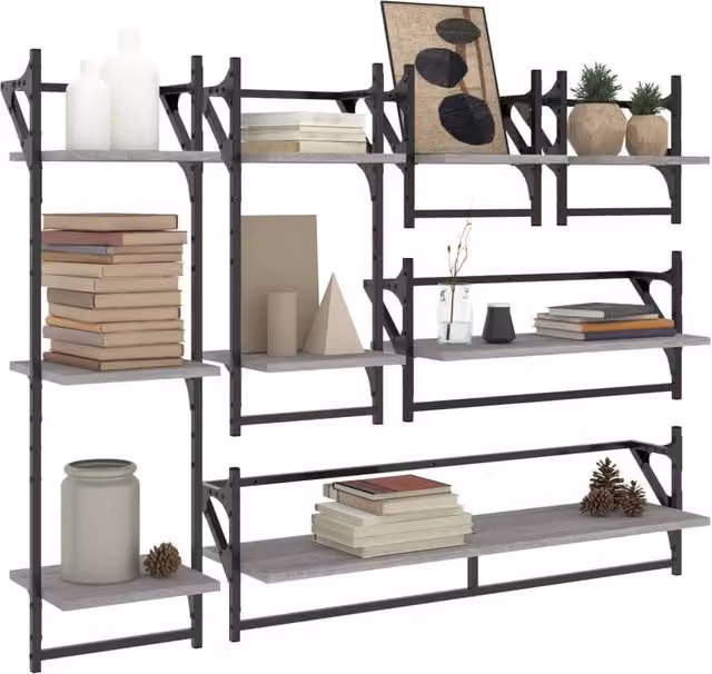 Berkfield Home 6 Piece Grey Sonoma Engineered Wood and Metal Wall Mounted Shelf Set with Hanging Rods