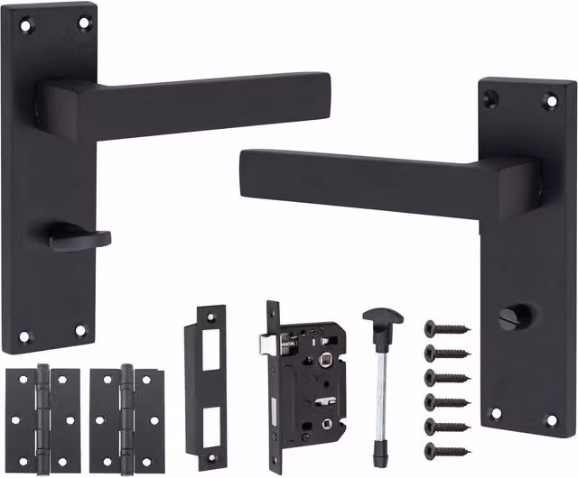 Golden Grace Matt Black Bathroom Door Handles and Hinge Set