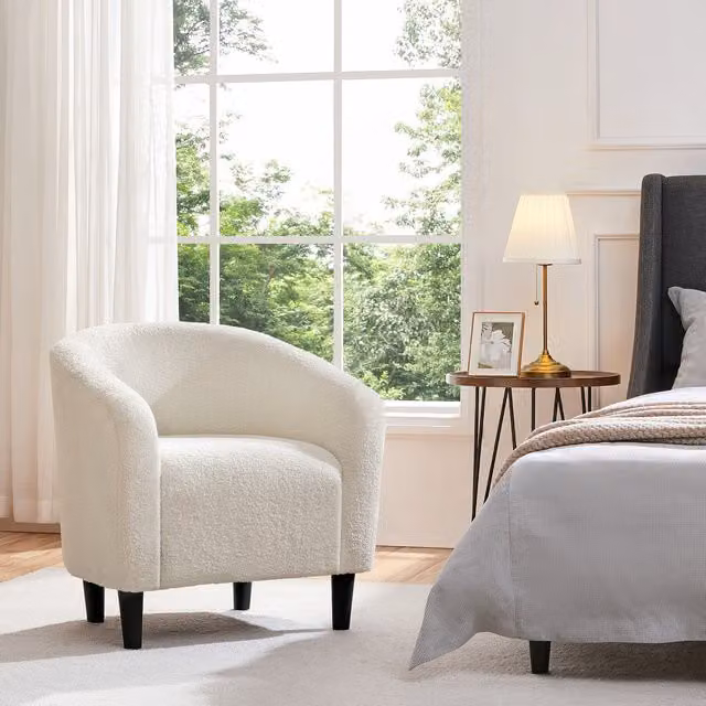 Yaheetech Modern White Bouclé Fabric Upholstered Tub Armchair with Foam Padding