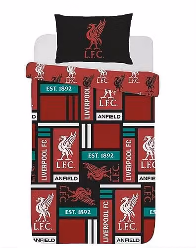 Todd Linens Reversible Microfibre Liverpool FC Graphic Duvet Cover and Pillowcase Set in Red, Black and White, Duvet Cover: 90 x 200 cm, Pillowcase: 50 x 75 cm – 1