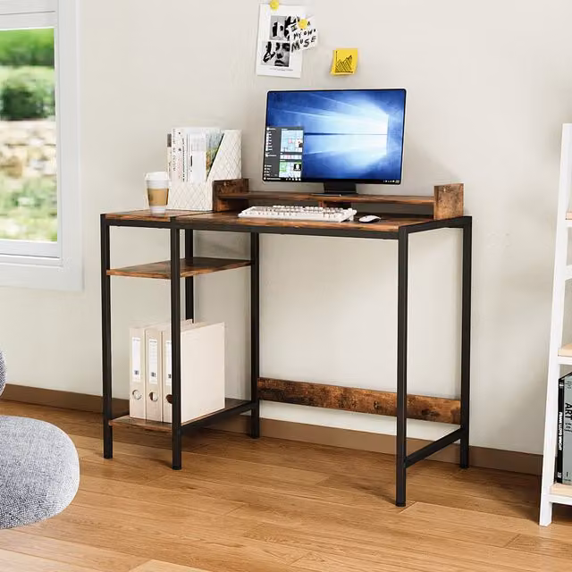 Livingandhome Brown Retro Wood Computer Desk for Home Office
