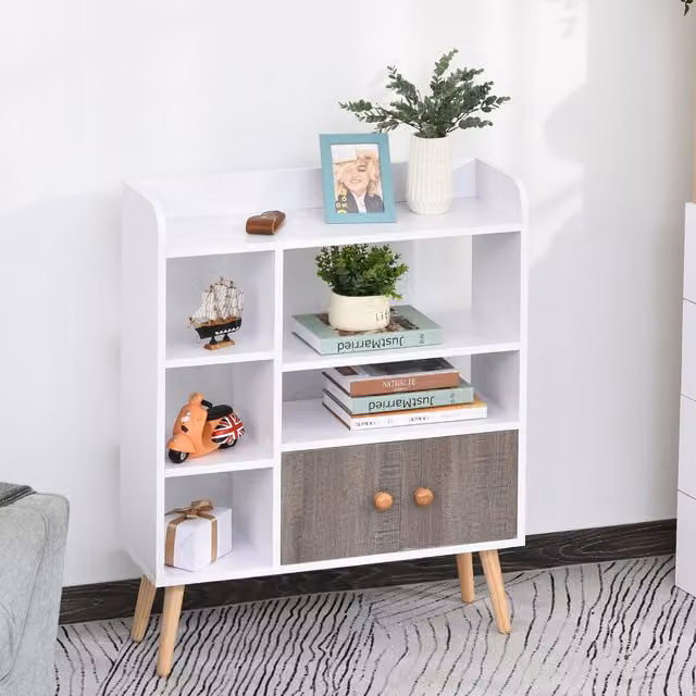 HOMCOM Mid-Century Multi Shelf Bookcase with Cabinet Shelves in White