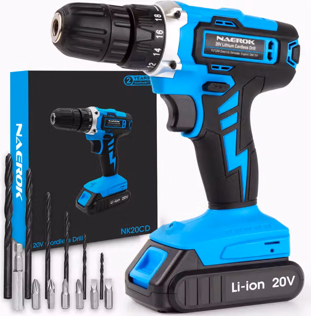 Naerok 20V Cordless Electric Screwdriver and Drill with Rechargeable Battery in Blue and Black
