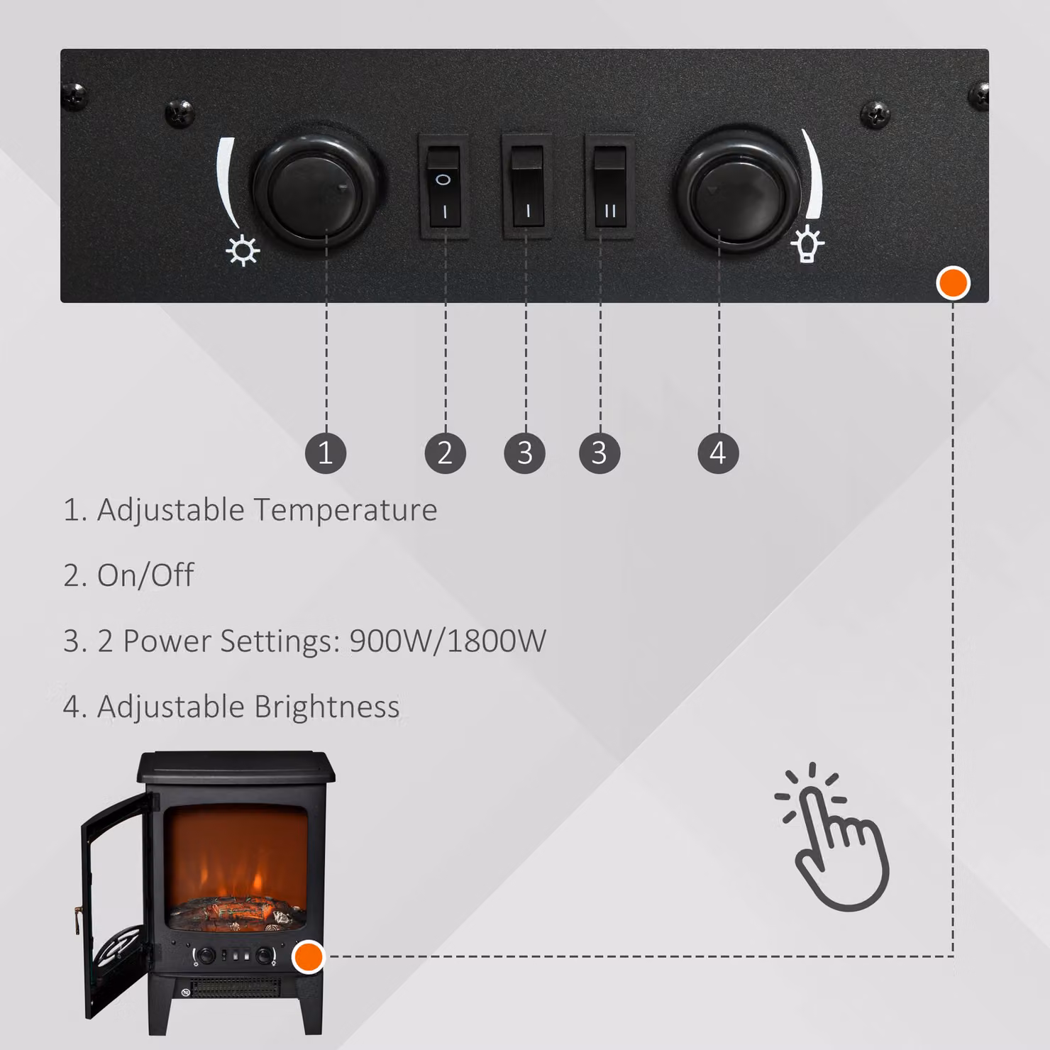 HOMCOM Electric Fireplace Stove with Realistic Flame Effect, Black, 1800W – 5