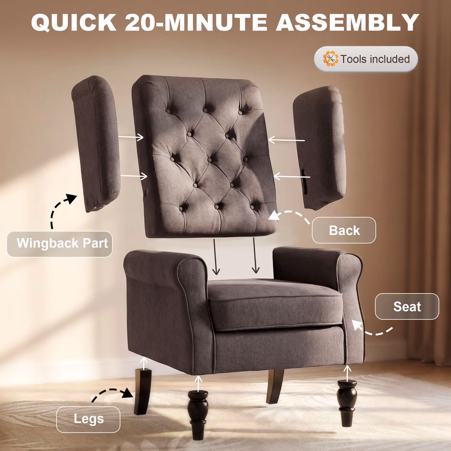 HOMCOM Brown Wing Back Armchair with Button Tufted Fabric Upholstery and Solid Wood Frame – 4