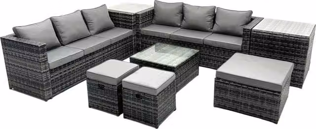 Fimous 9 Seater U-Shape Patio Lounge Sofa Set in Grey with 2 Side Tables and 3 Footstools