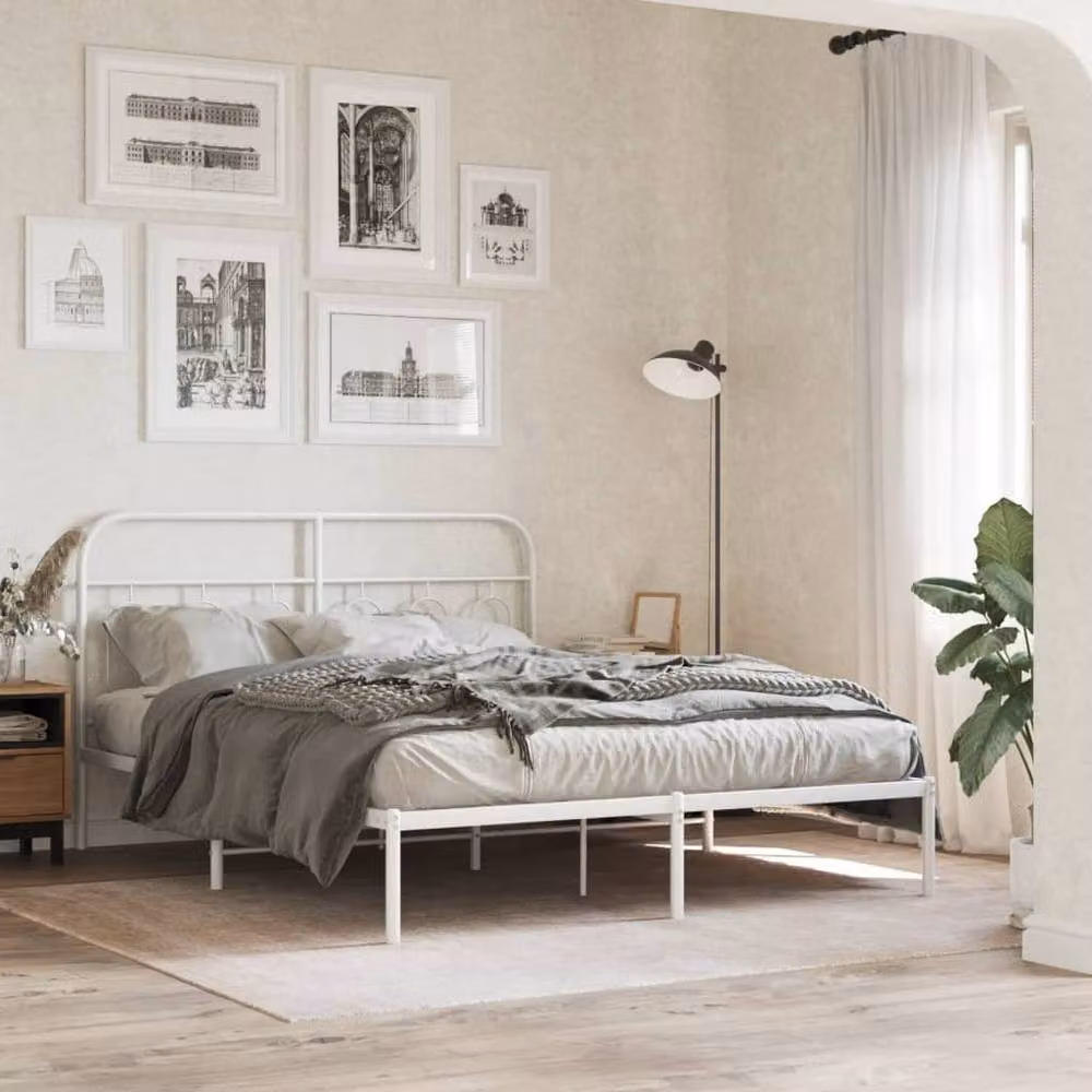 Berkfield Home Metal Bed Frame with Headboard, White, W: 140 cm, L: 200 cm – 2