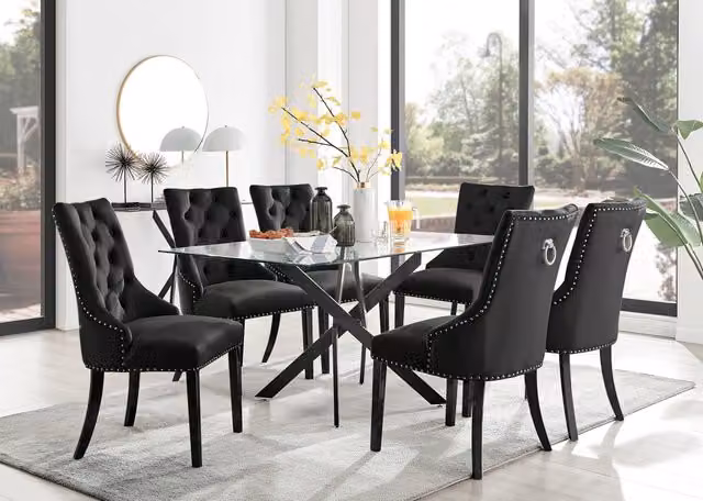 FurnitureboxUK Leonardo Glass Dining Table and 6 Belgravia Chairs in Black and Transparent, W/D/H: 150 x 90 x 75 cm