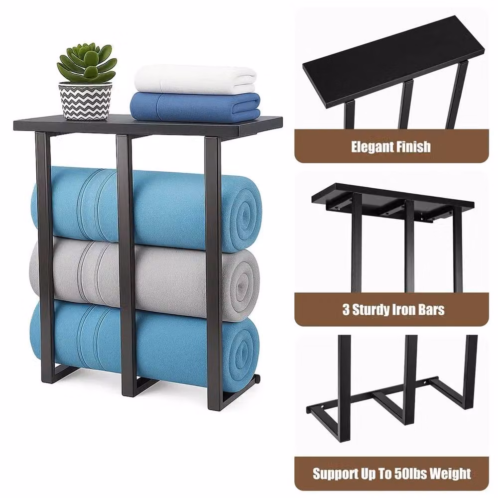 Nordara Black 3-Bar Wall Mounted Towel Rack with Shelf in Metal and Wood – 2