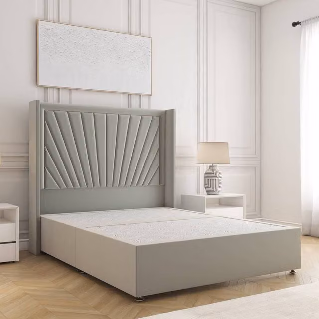BSSPOKE Alina Divan Bed with 54 inch Plush Velvet Headboard in Silver, King Size