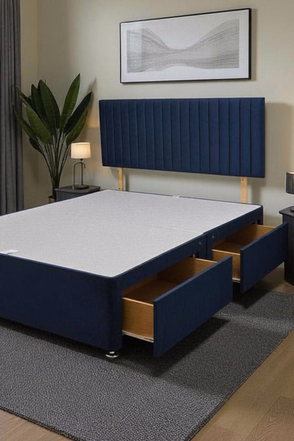 Knight Sleep Emily Upholstered Divan Bed Base with 2 Drawers and Headboard in Blue, W/D/H: 180 x 200 cm – 2