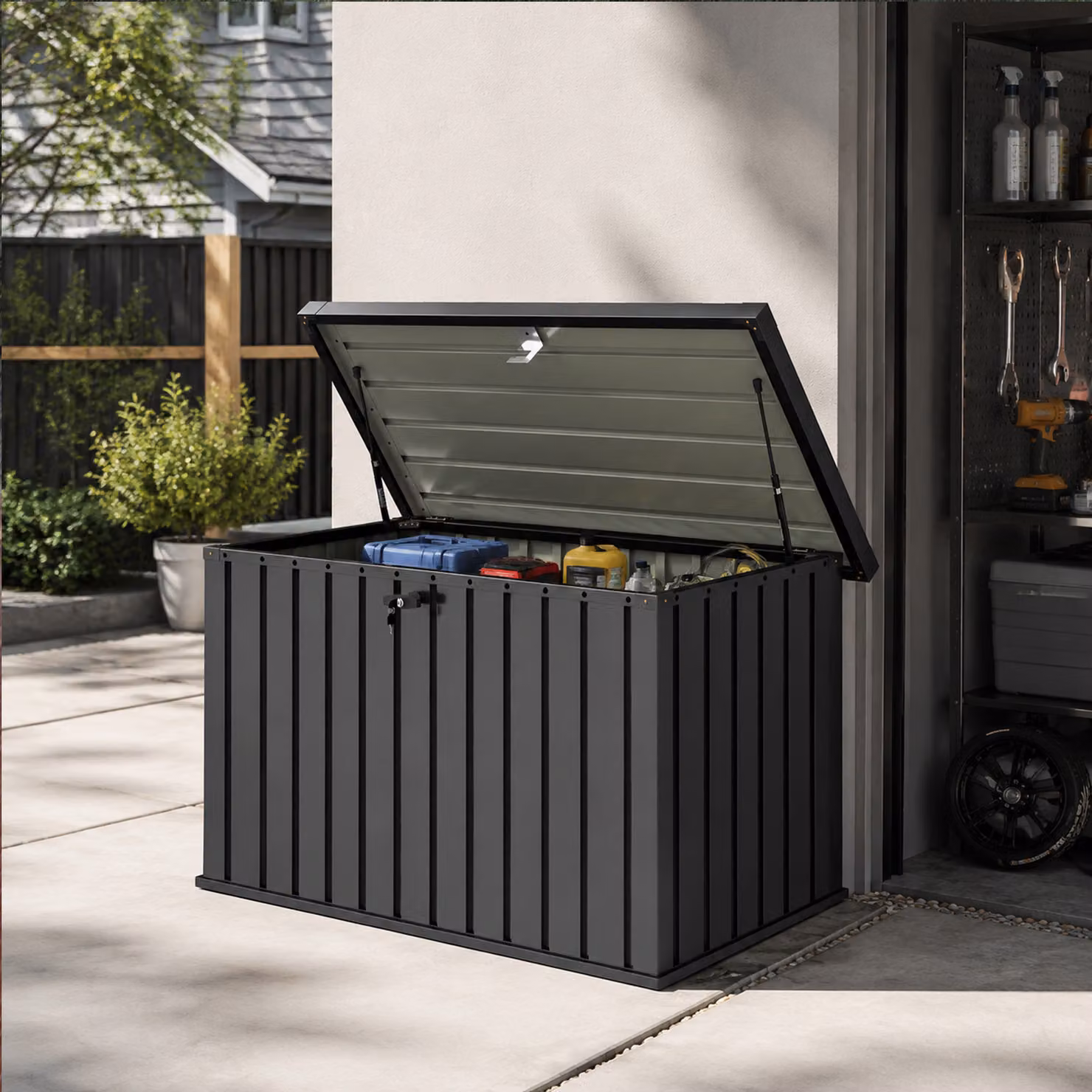Outsunny 400L Galvanised Steel Garden Storage Box in Black – 7