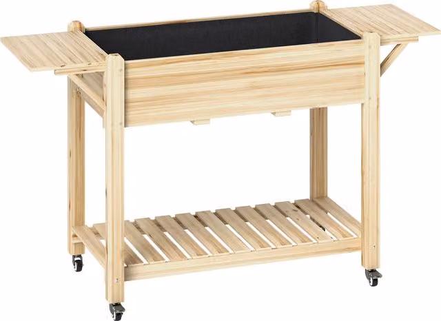 Outsunny Wooden Raised Garden Bed with Lockable Wheels, Side Tables and Bottom Shelf, Brown
